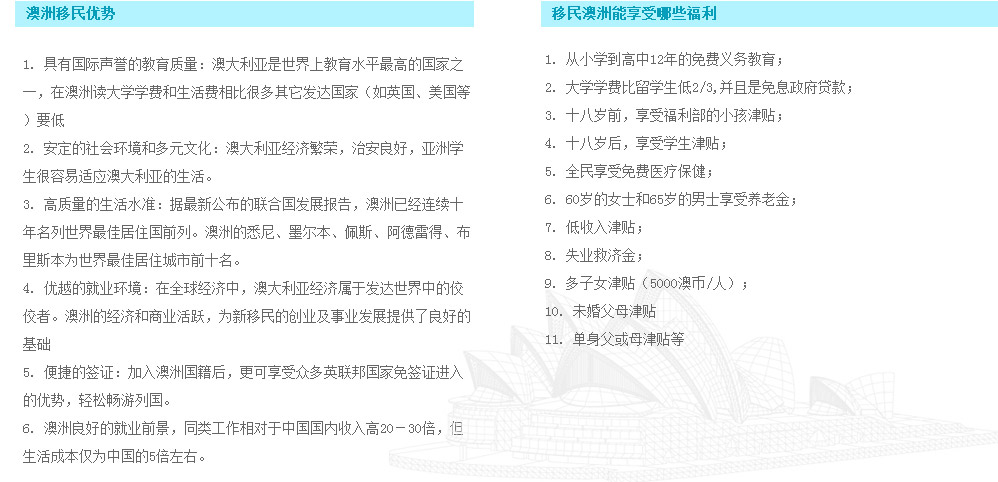 澳洲移民优势：
1. 具有国际声誉的教育质量：澳大利亚是世界上教育水平最高的国家之一，在澳洲读大学学费和生活费相比很多其它发达国家（如英国、美国等）要低
2. 安定的社会环境和多元文化：澳大利亚经济繁荣，治安良好，亚洲学生很容易适应澳大利亚的生活。
3. 高质量的生活水准：据最新公布的联合国发展报告，澳洲已经连续十年名列世界最佳居住国前列。澳洲的悉尼、墨尔本、佩斯、阿德雷得、布里斯本为世界最佳居住城市前十名。
4. 优越的就业环境：在全球经济中，澳大利亚经济属于发达世界中的佼佼者。澳洲的经济和商业活跃，为新移民的创业及事业发展提供了良好的基础
5. 便捷的签证：加入澳洲国籍后，更可享受众多英联邦国家免签证进入的优势，轻松畅游列国。
6. 澳洲良好的就业前景，同类工作相对于中国国内收入高20－30倍，但生活成本仅为中国的5倍左右。
 移民澳洲能享受哪些福利

1. 从小学到高中12年的免费义务教育；
2. 大学学费比留学生低2/3,并且是免息政府贷款；
3. 十八岁前，享受福利部的小孩津贴；
4. 十八岁后，享受学生津贴；
5. 全民享受免费医疗保健；
6. 60岁的女士和65岁的男士享受养老金；
7. 低收入津贴；
8. 失业救济金；
9. 多子女津贴（5000澳币/人）；
10. 未婚父母津贴
11. 单身父或母津贴等
