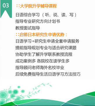 3）大学院升学辅导课程
研究计划书的制作、课题报告的写作方法和技巧，针对不同专业的学生，进行相应的模拟面试，考试，根据指导学生选择适合的专业，适合的学校，适合的导师。